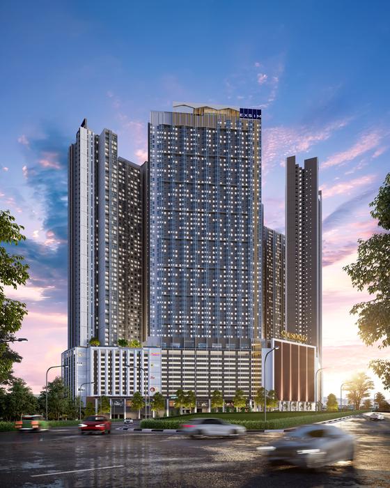 Architectural render of Axis Tower, a direct developer serviced residence in Johor Bahru, Johor